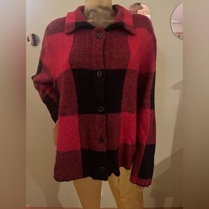 J. Jill Red and Black Plaid Button Down Sweater/Jacket